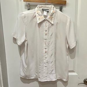 White satin button up blouse with embroidered collar